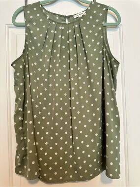 Monday Fun Sage Green Polka Dot Pleated Sleeveless Blouse - Women